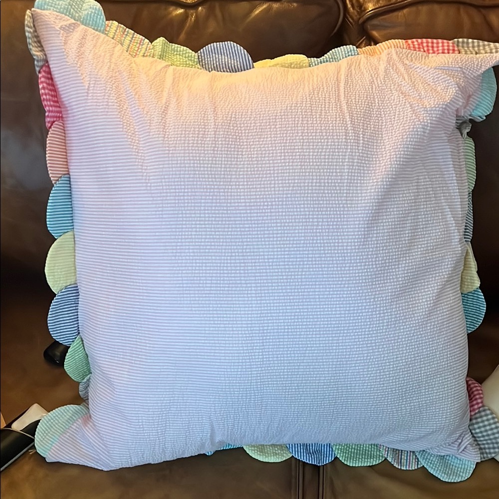 Seersucker scallop pillow in pink. Multicolor Decorative Pillow Euro size.